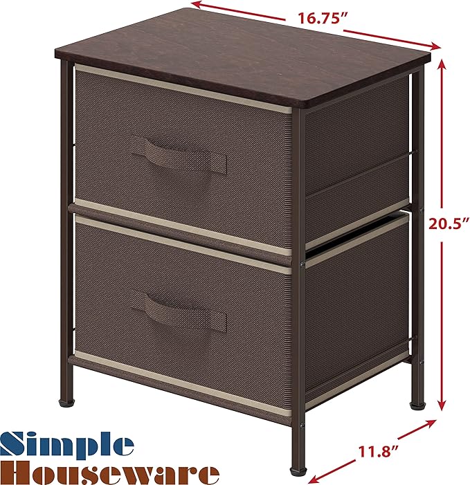 SIMPLE HOUSEWARE 2 Tier Night Stands Dresser for Bedroom Organizer Drawer Storage Tower, Brown