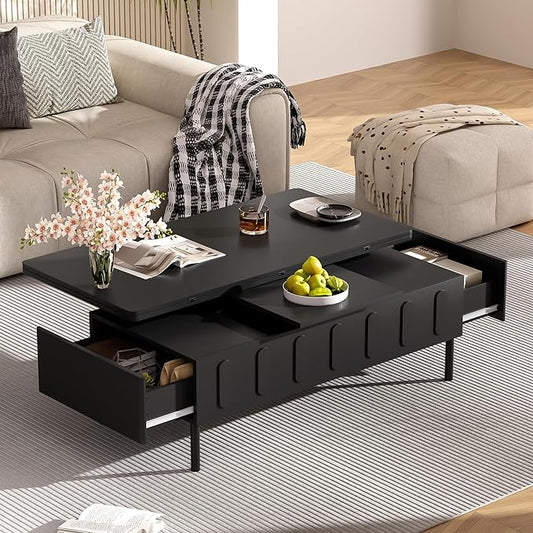 43.3-Inch Lift Top Coffee Table with Hidden Storage & 2 Drawers, Modern Multifunctional Center Table with Foldable Top for Living Room, Black