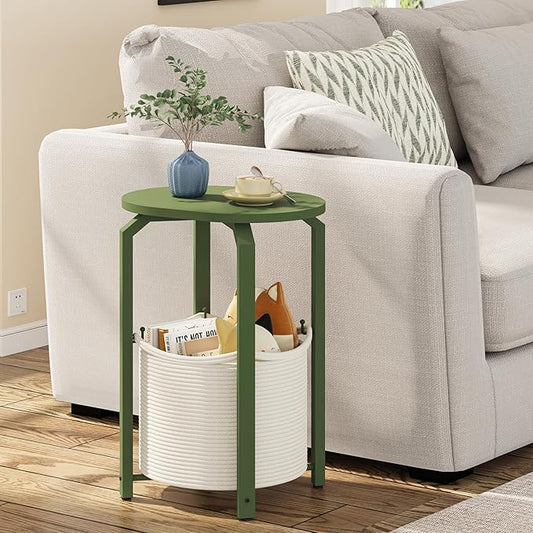 TUTOTAK Small Side Table, Oval End Table, Night Stand, Bedside Table, Sofa Table with Storage Basket, Living Room, Bed Room, Olive Green TB01BOG0932