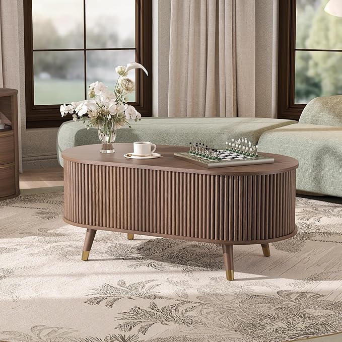 Oval Coffee Table with Storage,42.5” Fluted Coffee Table with Lifting Top & Solid Wood Legs,Modern Lift Up Center Table for Living Room,Home Office,Walnut