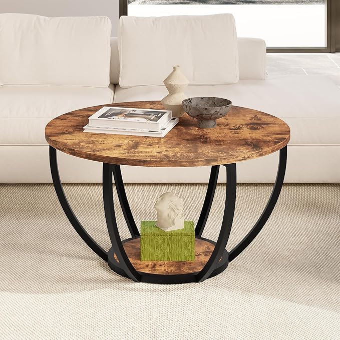 HOMERECOMMEND 28" Round Coffee Table with Storage,2-Tier Wood Accent Center Table for Living Room,Sofa Table for Home Office, Brown