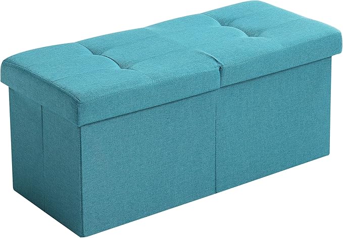 CUYOCA Storage Ottoman Bench Foldable Seat Footrest Shoe Bench End of Bed Storage with Flipping Lid, 75L Storage Space, 30 inches Linen Fabric Teal Blue