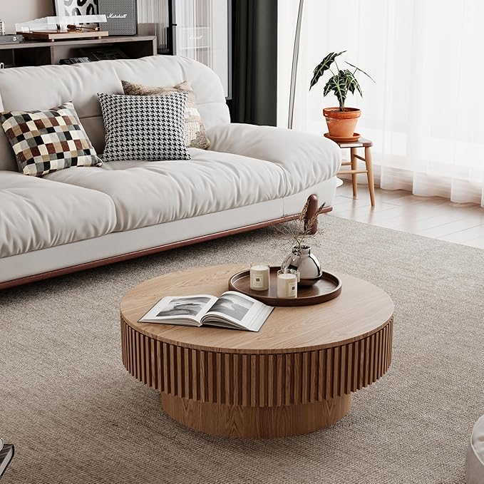31.5 Inch Round Drum Coffee Table with Storage, Modern Handcraft Fluted Drum Coffee Table, Wooden Round Coffee Table Center Table with Sturdy Pedestal for Living Room Apartment (Natural)