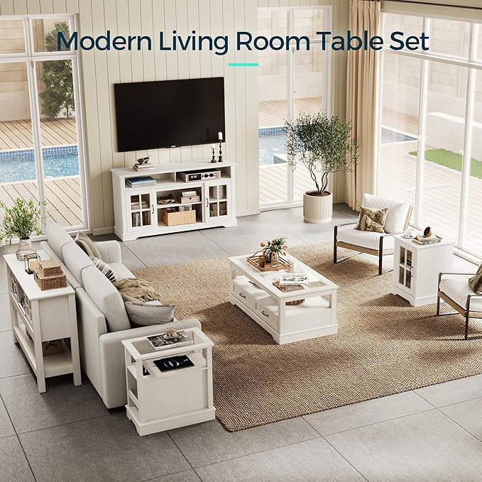 LINSY HOME End Table with Charging Station, Modern Side Table with Storage Cabinet and Adjustable Shelf, Small Sofa Table for Living Room, White