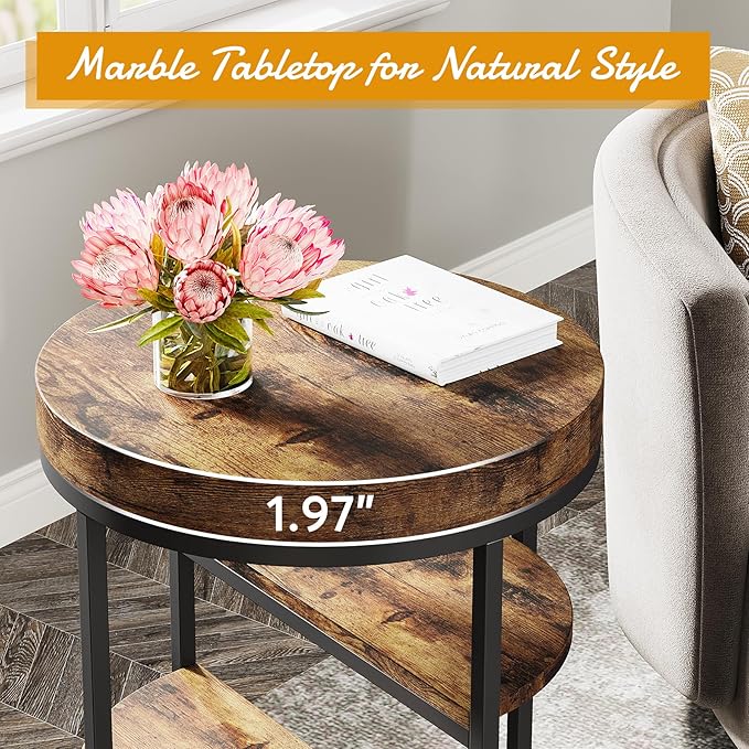 Tribesigns Round End Table, 3-Tier Side Table with Storage Shelves, Rustic Industrial Nightstand for Small Spaces, Wood Metal Accent Table for Living Room, Bedroom, Sofa, Bedside, Rustic Brown