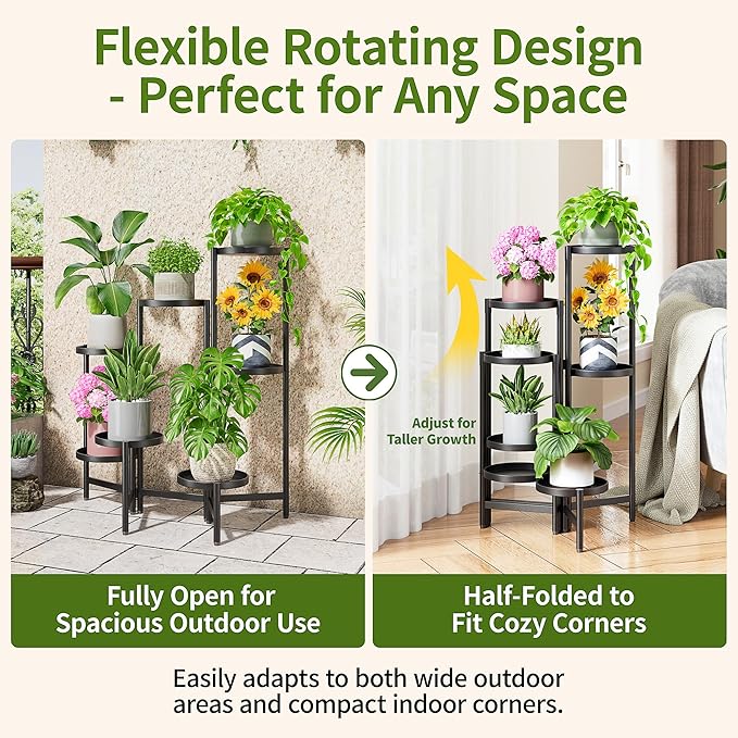 7 Tiered Metal Corner Plant Stand Indoor Outdoor, Tall Large Folding Rack with Rust Proof 10 Inch Wide Tray, Heavy Duty Flower Shelf for Multiple Plants for Patio - BlackDisk