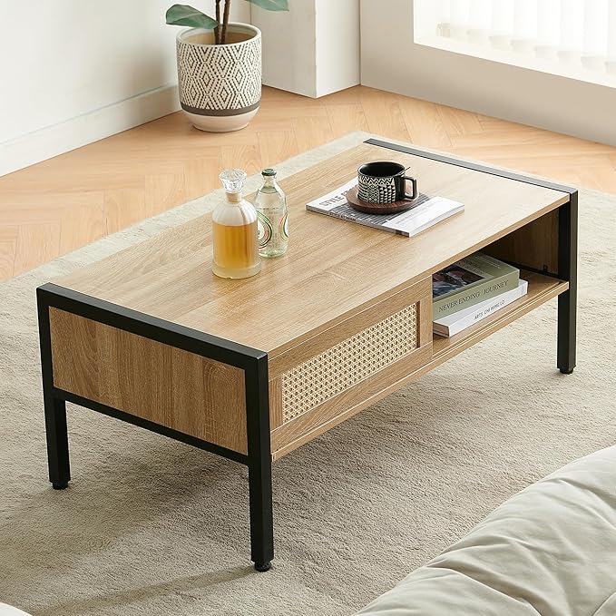 IANIYA 40.16" Boho Coffee Table, Rectangle Wooden Accent Center Tables, Living Room Table with Sliding PE Rattan & Solid Metal Legs for Living Room, Apartment Small Space (Natural/Black Metal)