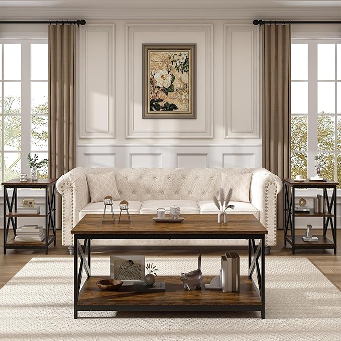 Bigbiglife Living Room Coffee Table Set of 3, Industrial X-Design Coffee Table and 2 End Side Tables, 3 Piece Living Room Table Set with Large Storage for Apartment Home (Dark Rustic Brown)