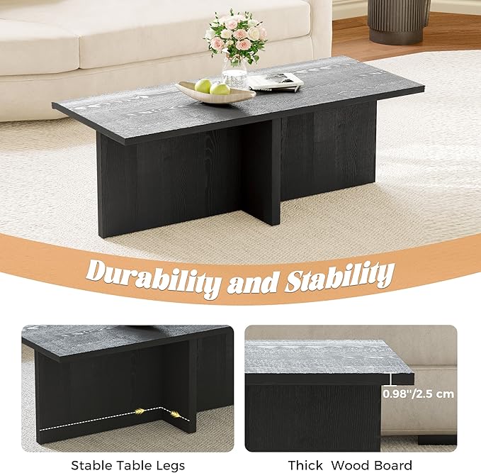 Luoxiao Rectangle Coffee Table for Living Room 47 inch Wood Modern Center Accent Table Minimalist Small Rectangular Cocktail Table Black, Space Saving, Easy Assembly