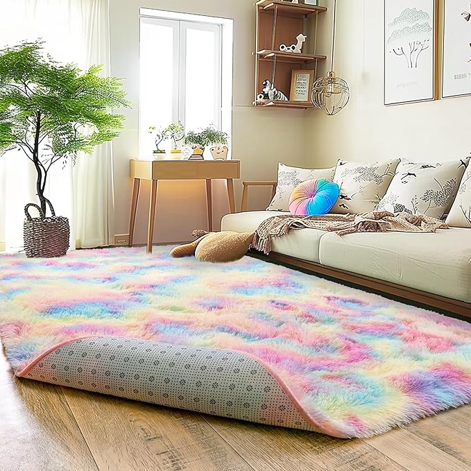 Super Fluffy Rug for Bedroom, 4x6 Shag Fuzzy Area Rug for Living Room Bedroom, Plush Soft Carpet for Girls Boys Kids, Non Slip Throw Rugs for Dorm, Modern Home Decor Aesthetic, Rainbow