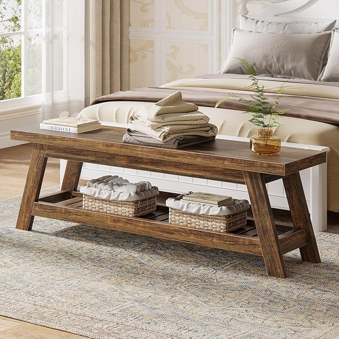 Tribesigns 55" Large Wood Entryway Bench with Shoe Storage, 2-Tier Rustic Brown Narrow Hallway Foyer Seating Bench with Open Shelves for Entryway, Bedroom, Mudroom
