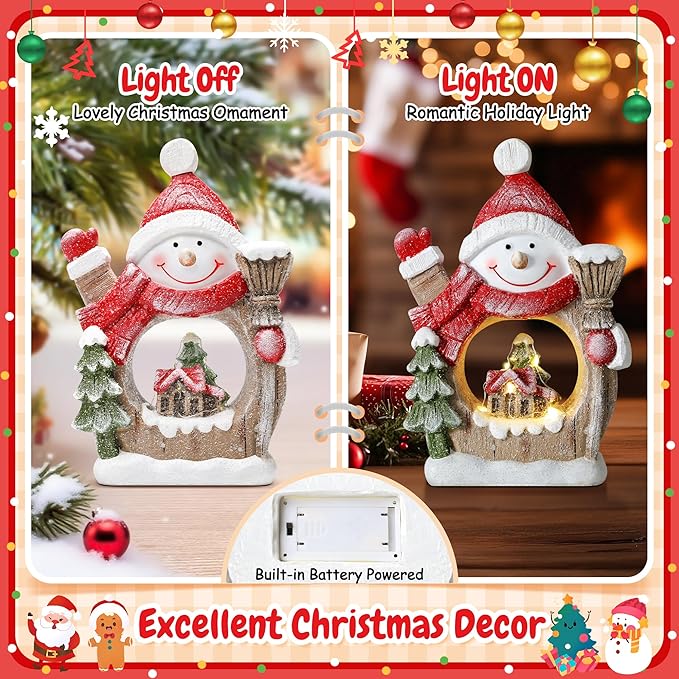 Snowman Christmas Decorations Classic Resin Snowman Figurines with LED Lights, Ideal Indoor Decorations for Home That Can be Used for Christmas Table Decor