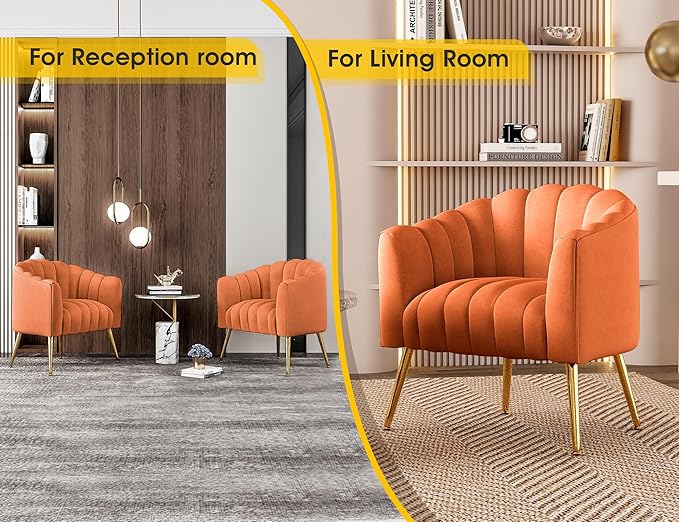 Oversized Pumpkin Couch Accent Chair, Modern Comfy Velvet Upholstered Barrel Chairs, Luxury Single Sofa Armchair for Living Room, Waiting Room, Office and Vanity, (Orange)