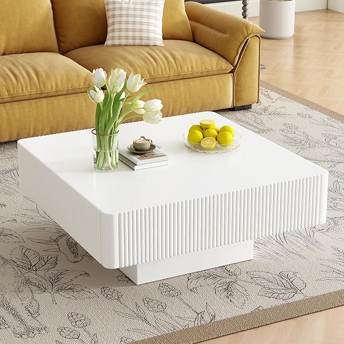 31.6 Inch Square Drum Coffee Table, Modern Handcraft Fluted Drum Coffee Table, Wooden Square Center Table Cocktail Table with Stable Pedestal for Living Room Apartment (White)