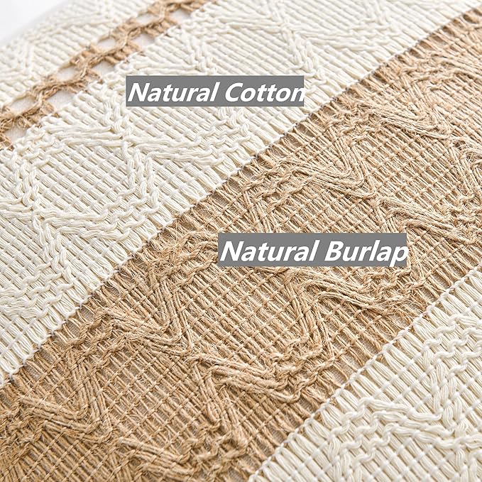 Fancy Homi Set of 2 Boho Neutral Lumbar Decorative Throw Pillow Cover 12x20 Inch for Couch Bed Sofa Chair, Modern Organic Farmhouse Home Decor, Soft Cotton Cute Accent Tan Rectangle Cushion Case