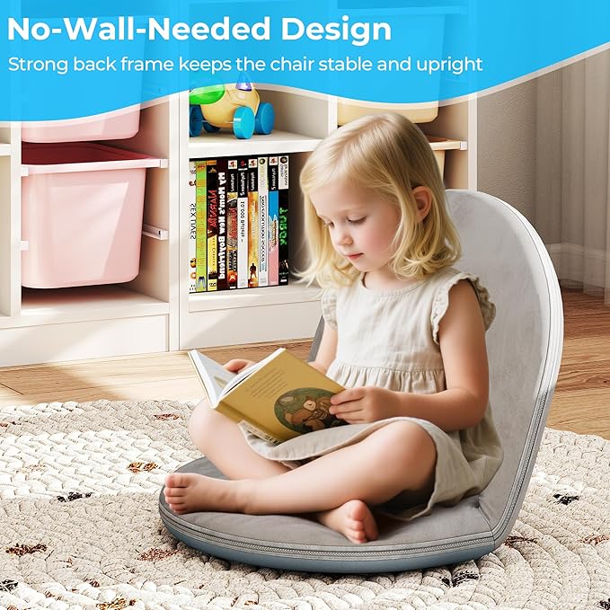 Floor Chair, 5-Position Foldable Floor Chair for Kids with Adjustable Back, Soft Sponge & Velvetean Cover, for Adults and Kids, Indoor Outdoor Use, Meditation, Gaming, Camping (Gray)