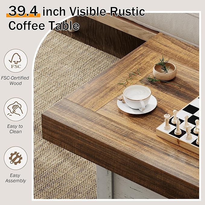 Coffee Table 39 in Farmhouse Center Table with X-Design Wooden Pedestal for Living Room, Space Saving, Rectangle Home Office Tea Accent Table for Apartment, Antique White Walnut