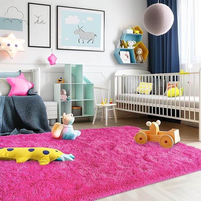 Ultra Fluffy Rug for Living Room Bedroom, 5x7 Fuzzy Large Area Rug for Living Room, Plush Soft Shag Carpet for Girl Boy Kids, Non Slip Rug Modern Indoor Home Decor Aesthetic, Hot Pink