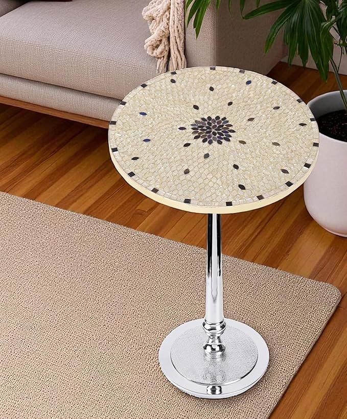 CLEENTABLE Mosaic Round End Table - Modern Coffee Accent Table with Artistic Top, Electroplated Silver Legs - Lightweight, Durable, Easy Assembly 15 x 21 Inches (Ivory Silver)