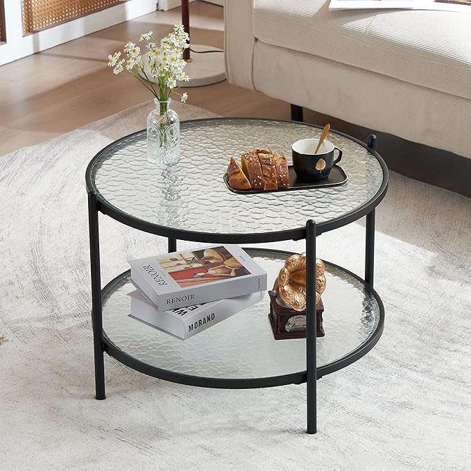 VINGLI 25.6" Small Matte Black Round Coffee Table Water-Wave Glass Circle Clear Coffee Table, Center Table with 2-Tier Modern Storage Design for Living Room, Bedroom, Meeting Room, Balcony, Patio