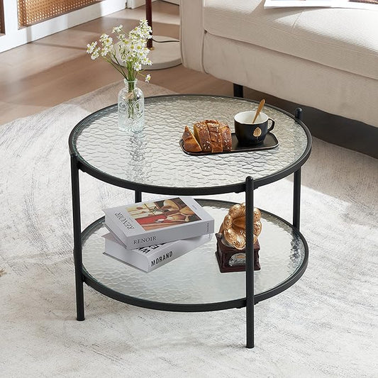 VINGLI 25.6" Small Matte Black Round Coffee Table Water-Wave Glass Circle Clear Coffee Table, Center Table with 2-Tier Modern Storage Design for Living Room, Bedroom, Meeting Room, Balcony, Patio