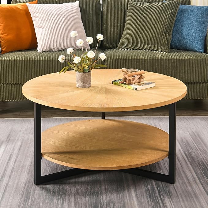 Round Coffee Table with Storage Shelf, 33.5in Circle Accent Center Table with Black Metal Legs, 2-Tier Industrial Cocktail Table for Living Room, Oak-1338OA