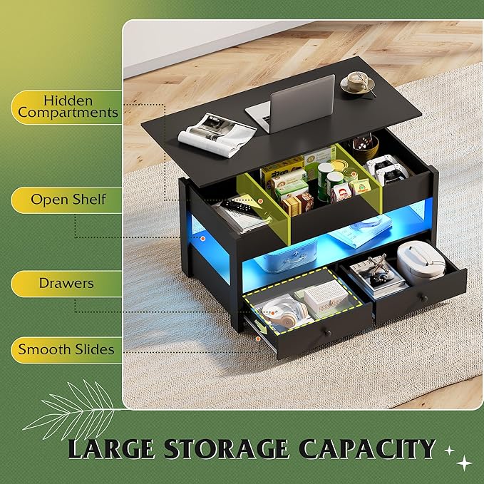 WLIVE Coffee Table, Lift Top Coffee Table with 2 Drawers, LED Light, Large Hidden Compartment and Open Shelf, Lift Tabletop, Dining Table for Living Room, Black