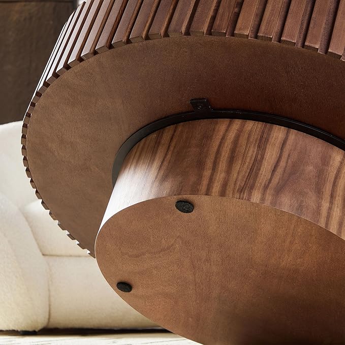 35" Round Coffee Table with Marble Tabletop, Modern Circle Coffee Table, Fluted Luxury Wooden Center Table, Drum Accent Tea Stone End Table for Living Room Apartment Bedroom, Walnut