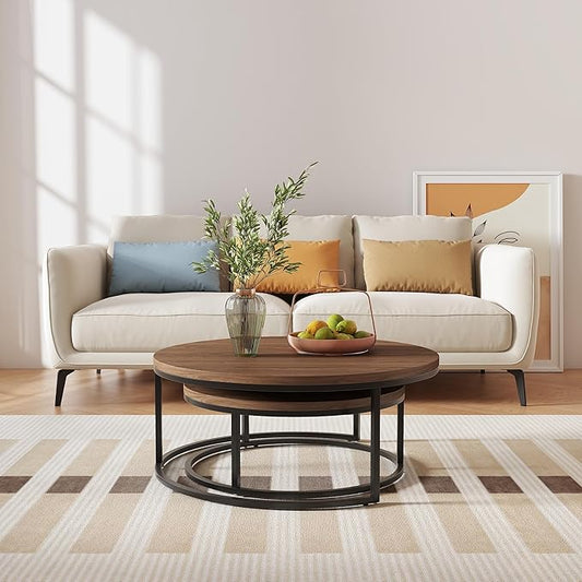 Round Nesting Coffee Table Set of 2, Modern Minimalist Accent Tables for Living Room, Bedroom, Office, Stackable Side Tables (Espresso)