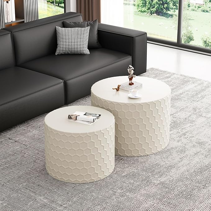 Kevinplus Round Nesting Coffee Table Set of 2, Modern Circle Drum Side Table for Living Room, Contemporary Coffee Table Set, No Assembly, White/Beige