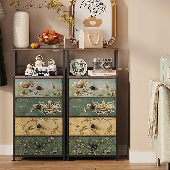 Tohomeor Dresser with Fabric Drawers Nightstand with 2 Tier Shelf Storage Tower for Bedroom Hallway Entryway Closet Organizer Sofa Beside Table Furniture (Multi, 4 Drawers)