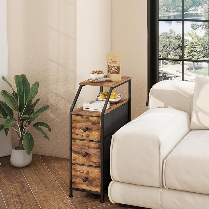 Tohomeor Narrow Dresser Tall Skinny Storage Tower Vertical Slim Chest of Drawers with Charging Station Small Nightstand Side Table for Bedroom, Bathroom, Small Spaces (Rustic Brown, 3 Drawers)