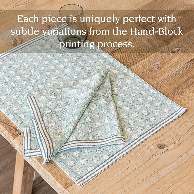 Over&Back Set of 4 Hand-Blocked Placemats - Colorful Dining Table Mat - Each Placemat is Unique - 100% Cotton - Machine Washable - Kitchen and Home Decor - Blue Leaf