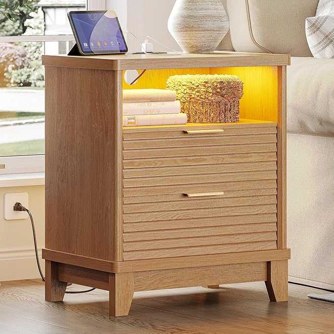 AOGLLATI Fluted Nightstand with Charging Station and 2 Drawers, Wood Nightstand, Beside Table with Open Storage and Led Lights, Retro End Side Table for Bedroom, Wood