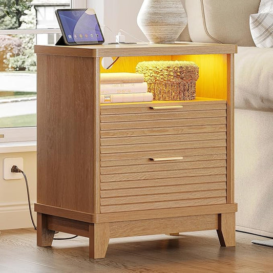 AOGLLATI Fluted Nightstand with Charging Station and 2 Drawers, Wood Nightstand, Beside Table with Open Storage and Led Lights, Retro End Side Table for Bedroom, Wood