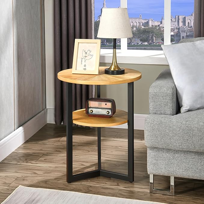 Round End Table with Storage Shelf, 19.29in Circel Accent Side Table with Black Metal Legs, 2-Tier Wood Round Sofa Side Table for Living Room Bedroom, Oak-BZ
