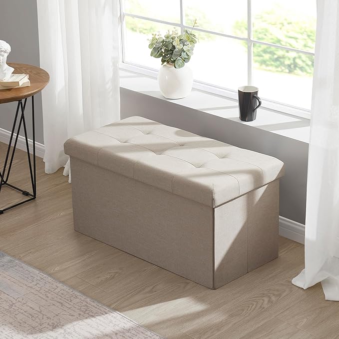 Ornavo Home 30 inch Folding Storage Ottoman with Large Storage, Foot Rest, Bedroom Bench - Beige
