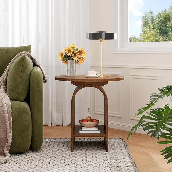 Side Table Set of 2, Round Coffee Table for Living Room, 2-Tier end Table with Storage and Thickened Tabletop, Modern Center Table Boho Small Bed Side Table for Living Room Office, Walnut