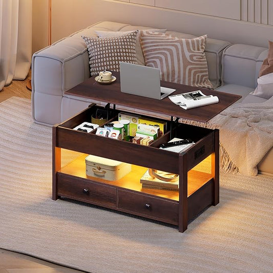 WLIVE Coffee Table, Lift Top Coffee Table with 2 Drawers, LED Light, Large Hidden Compartment and Open Shelf, Lift Tabletop, Dining Table for Living Room, Espresso
