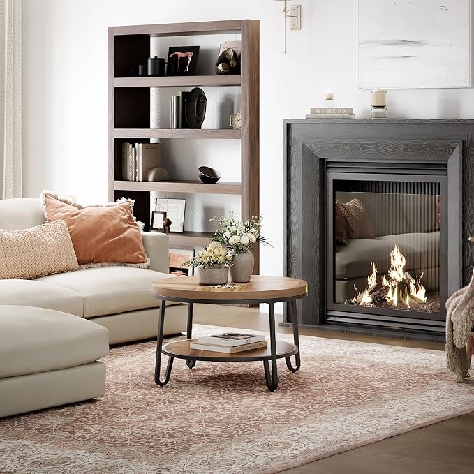 32" Round Coffee Table, Circle Coffee Table for Living Room with 2-Tier Storage Shelves, Design Accent Center Table with Wood Grain Desktop, Easy to Assemble