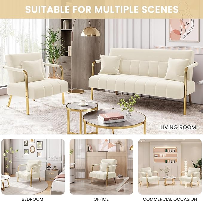 Yaheetech 30" W Accent Chair Velvet Oversized Armchair Living Room Chair with Golden Frame & Cozy Pillow for Living Room, Bedroom, Office Beige