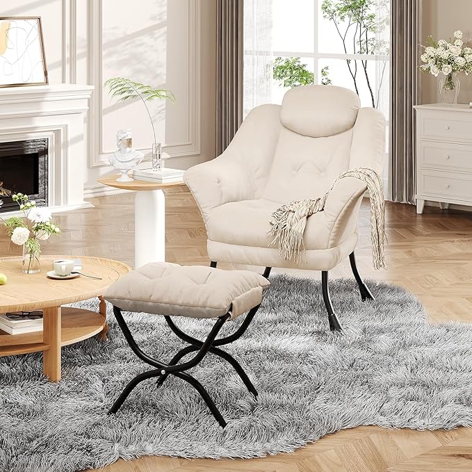 Living Room Chair Modern Accent Chair with Ottoman, Ergonomic Support, Foldable Footrest, Removable Washable Cover, Perfect for Bedroom and Living Room, Beige