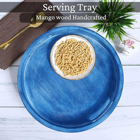 12" Decorative Wooden Serving Tray - Perfect for Breakfast, Lunch, Dinner, Appetizers, Patio, Ottoman, Coffee Table - Durable Living Room and Couch Tray (Blue) - CLEENTABLE