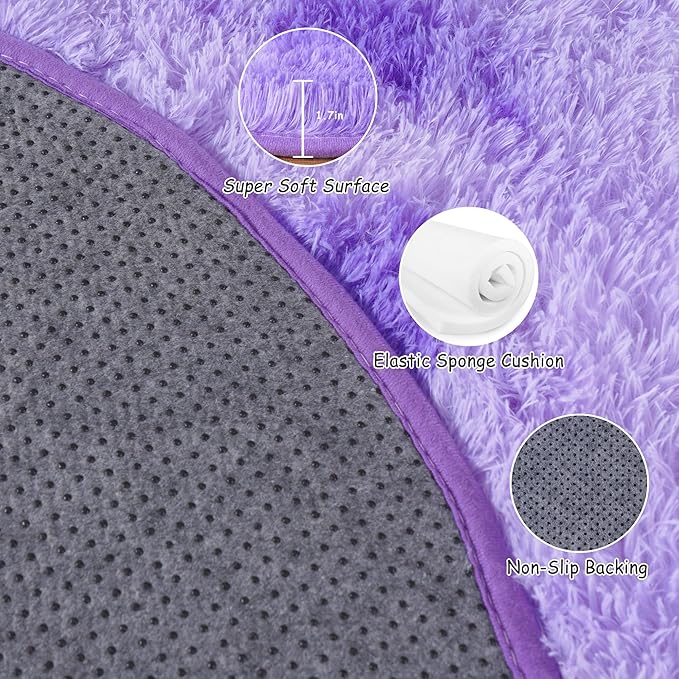 Round Fluffy Rugs 5Ft for Girls Bedroom, Tie-Dyed Purple Shag Circle Kids Rug Non-Slip for Bedside Dorm Nursery Playroom, Soft Cute Area Rugs for Living Room Decor