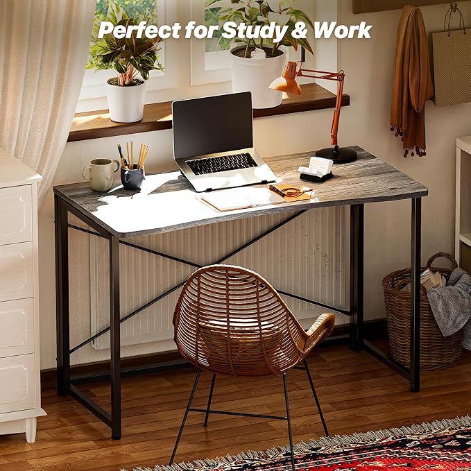 Huuger Folding Desk for Small Spaces, 39.3 Inch Foldable Computer Table, for Home Office, Study, Bedroom, Dorm, Space Saving, Small Writing Work Office Computer Desk, Easy to Fold, Grey