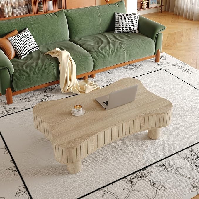 42.5" Lift Top Fluted Coffee Table with Hidden Storage Compartment, Modern Cloud-Shaped Wooden Center Table Cocktail Tea Table with Curved Safety Corners and Adjustable Height, Natural