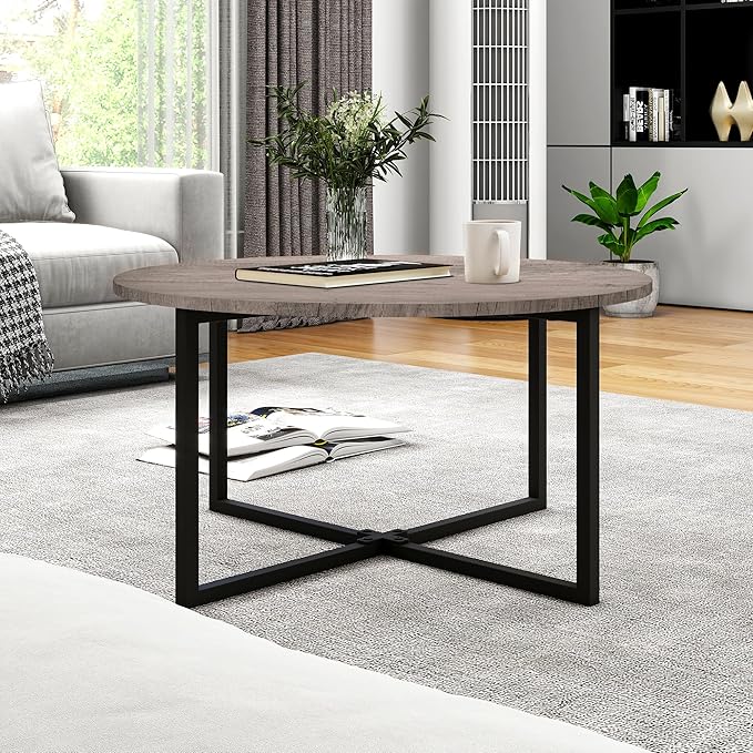 HOMERECOMMEND Round Coffee Table Nesting Tables for Living Room Tea Desk with Black Metal Legs Tea Table Balcony End Sofa Table Study,Black+Grey