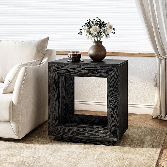 LITTLE TREE End Table with Storage, Set of 2 Wooden Square Side Table, Industrial Sofa Side Tables for Living Room, 2-Tier Bedside Table Nightstand Chair Side Table for Bedroom, Small Spaces, Black