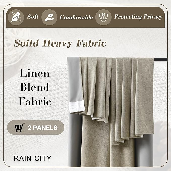 RAIN CITY Taupe Blackout Linen Blend Curtains 2 Panels,70 Wide Back Tab Pinch Pleated Look Window Drapes with Hooks,Track System Curtain Panels for Sliding Door Modern Farmhouse 70x96 Inch 70x8ft