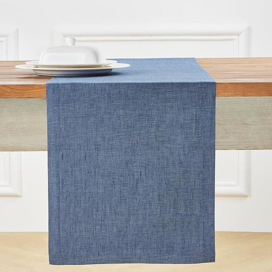 Solino Home Linen Table Runner 132 Inches Long - Athena, 100% Pure Linen Blue Denim Dining Table Runner 14 x 132 Inch for Christmas